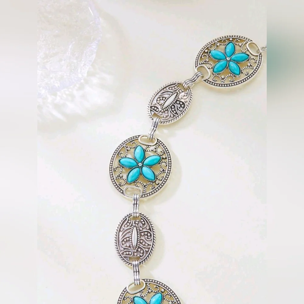 Turquoise Silver Color Vintage Carved‎ Flower Style, Waist Chain Belt